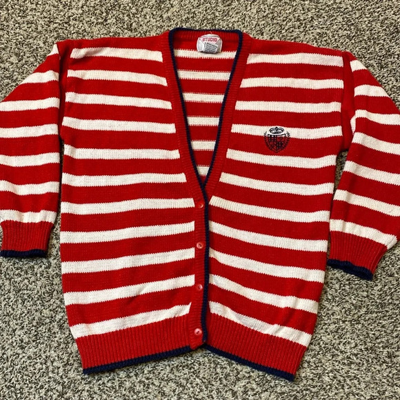 Vintage Studio HQ knit Cardigan with Red & White Stripes Navy Blue Trim - Picture 2 of 10
